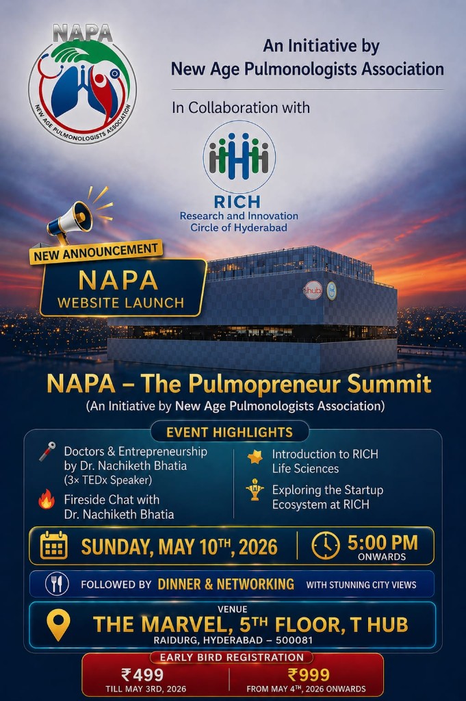 Event poster: NAPA The Pulmopreneur Summit at T Hub, Hyderabad — Sunday 10 May 2026, 5:00 PM onwards